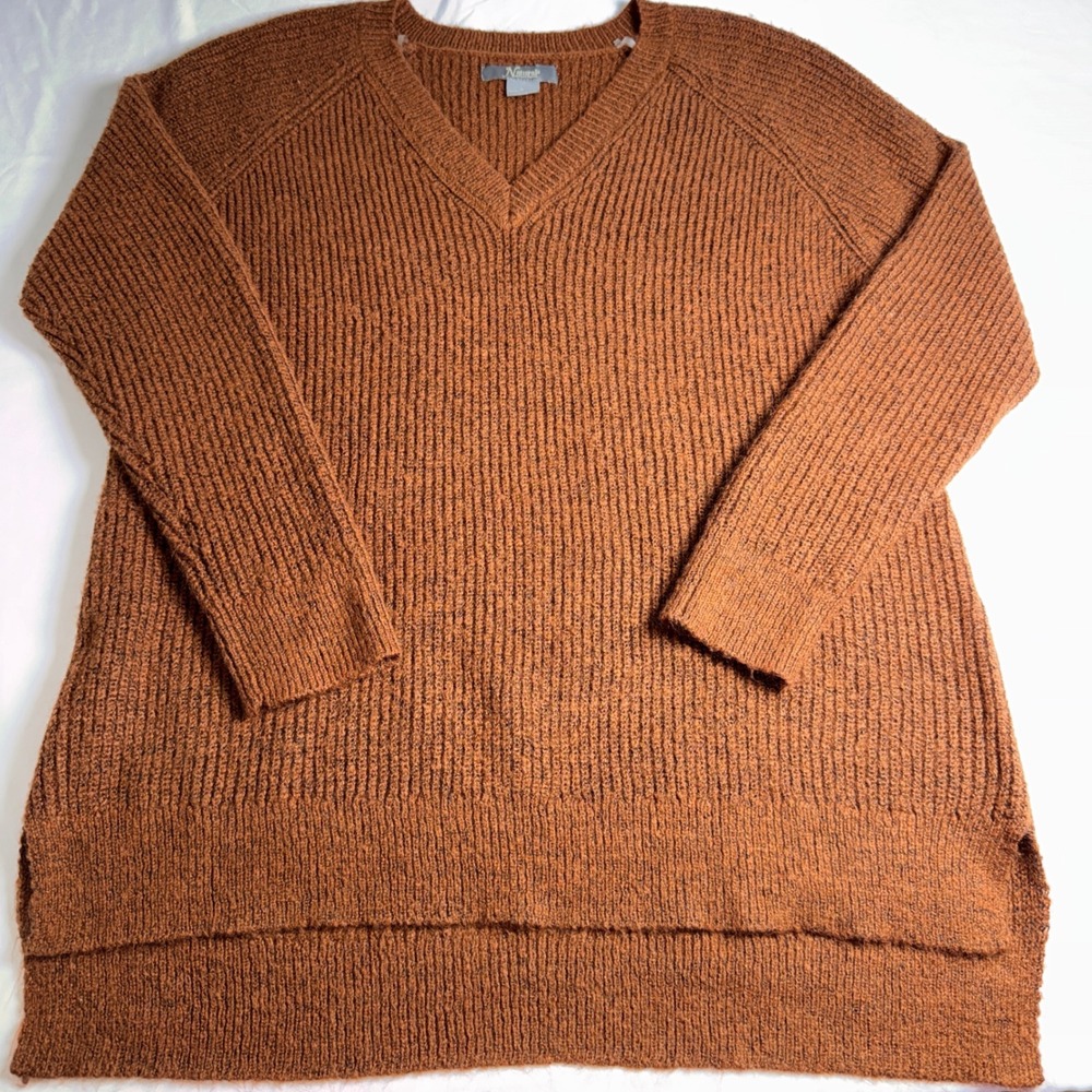 Natural Reflections L Rust Brown Ribbed V-Neck Sweater High Low Hem  Fall Cozy